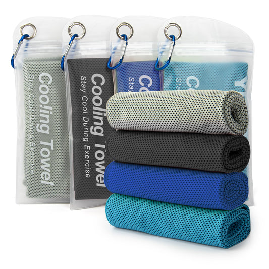 YESLIFE 4 Pack Cooling Towels (40"x12") – Soft, Breathable Gym Towels for Men & Women | Quick Dry Workout Towels for Yoga, Running, Sports & Outdoor Activities (Black, Dark Blue, Blue, Grey)