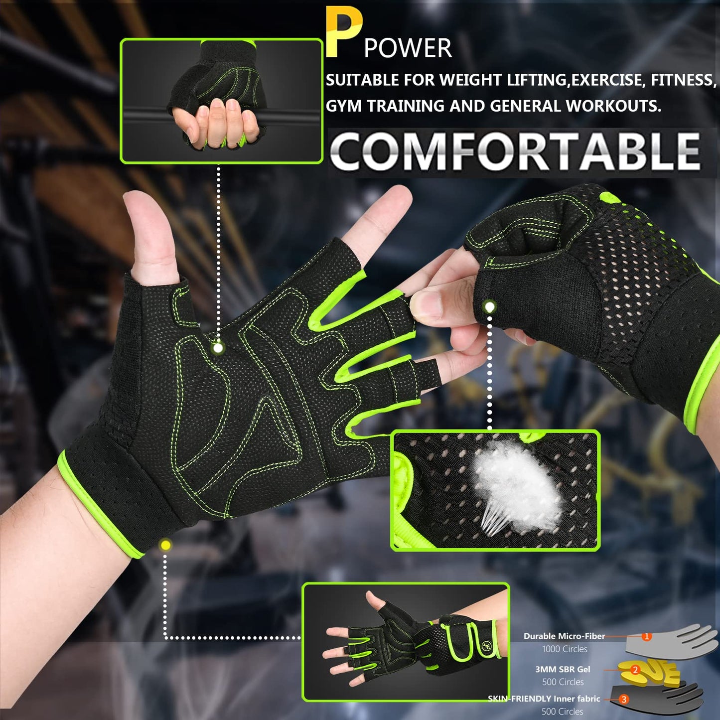 Padded Weight Lifting Gloves for Men and Women, 3MM Gel Fingerless Grip Gym Gloves for Weightlifting, Cycling, and Rowing