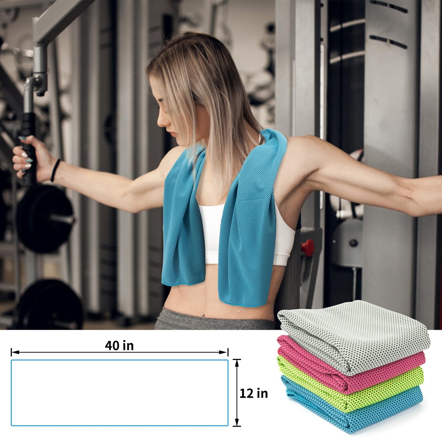 YESLIFE 4 Pack Cooling Towels (40"x12") – Soft, Breathable Gym Towels for Men & Women | Quick Dry Workout Towels for Yoga, Running, Sports & Outdoor Activities (Blue, Grey, Green, Pink)