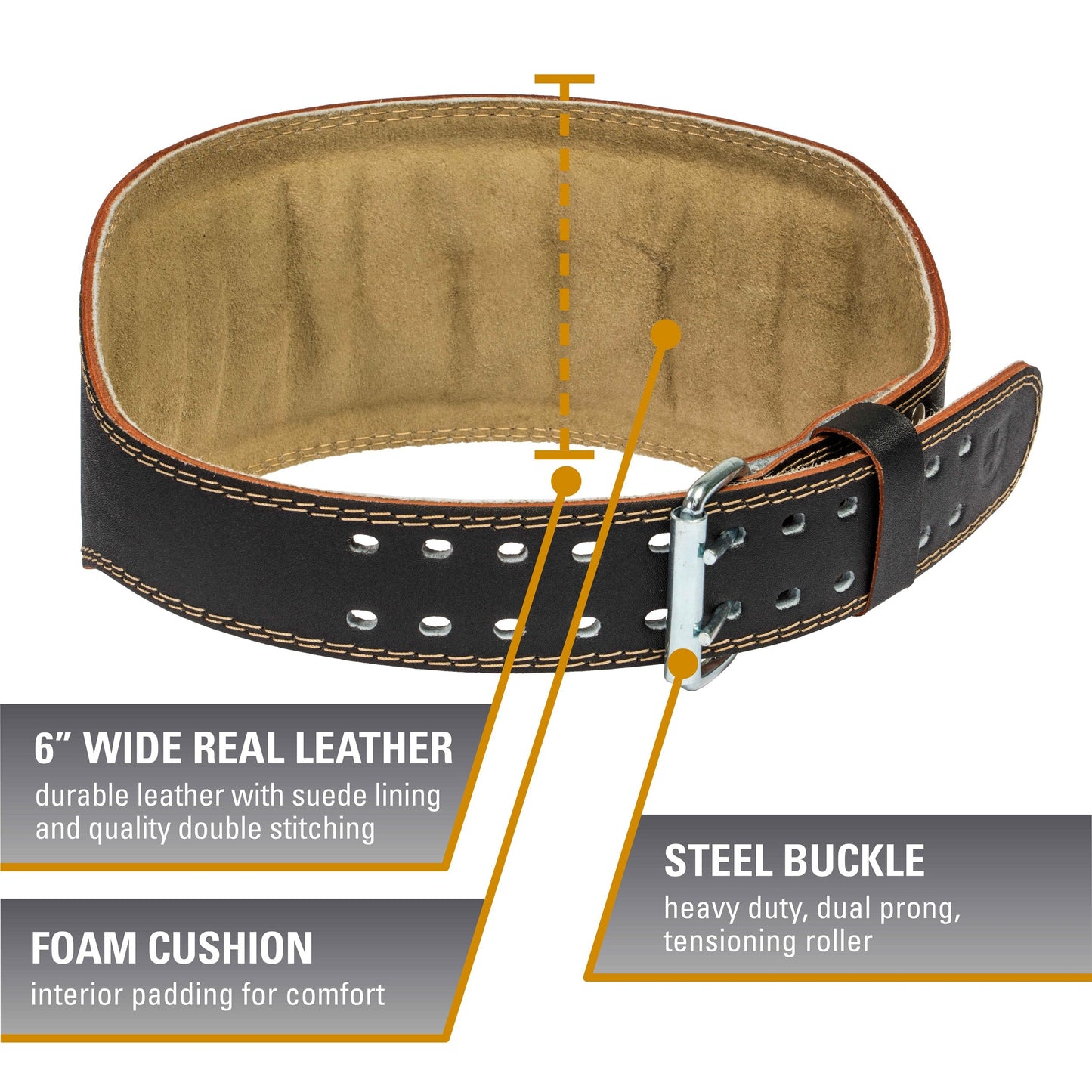 Padded Leather Weightlifting Belt, 4" or 6" Wide with Suede Lining and Foam Cushioning, Heavy-Duty Dual Prong Steel Buckle for Lifting Support