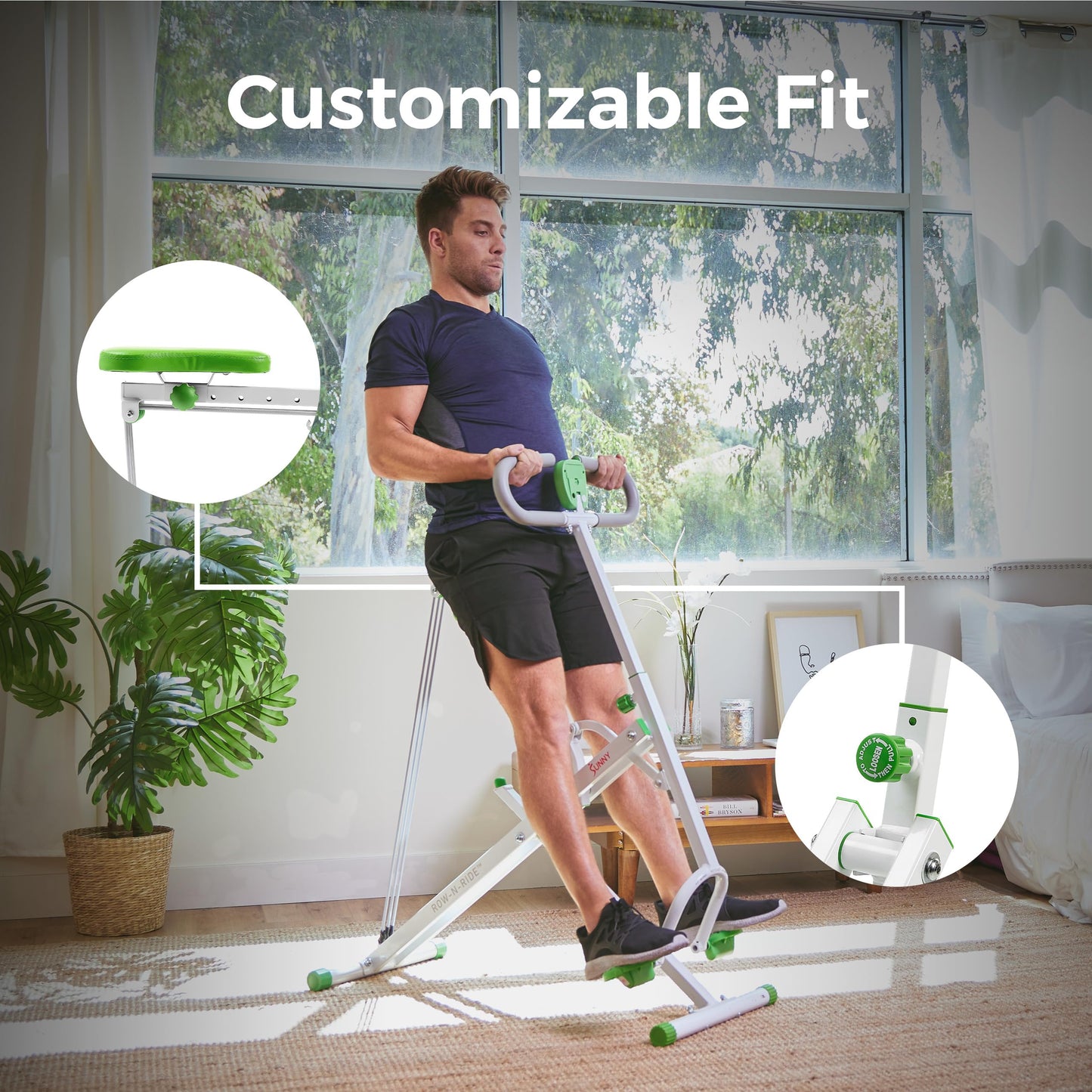 Sunny Health & Fitness Smart Row-N-Ride Glute & Leg Trainer – Foldable Squat Assist Rower with Adjustable Resistance, Digital Monitor & SunnyFit App Connectivity for Home Gym Full Body Workout